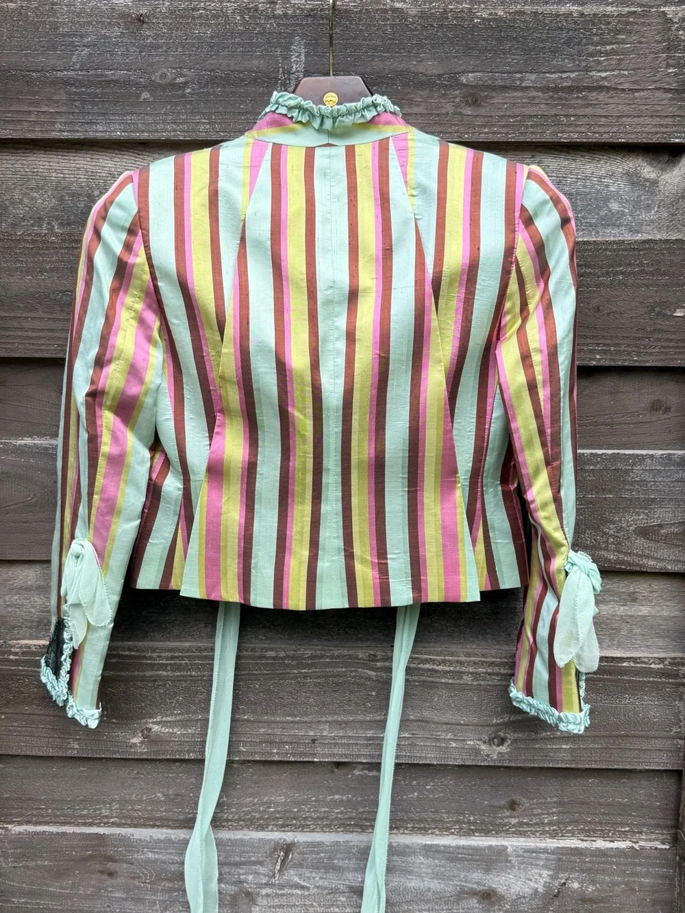 RARE Y2K Dr. Boudoir Raw Silk Striped Ruffle Blazer Jacket Small - Picture 13 of 16